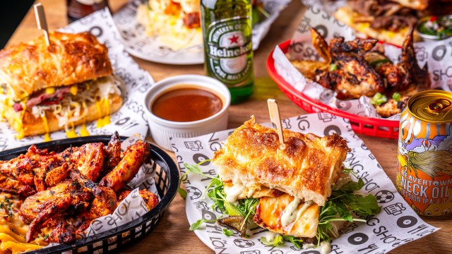 Platter of food in sports bar