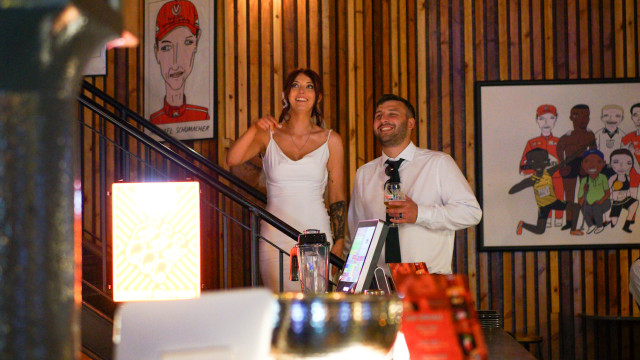 Bride and groom on the stairs